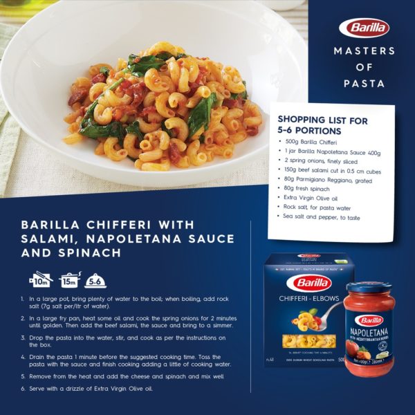 Barilla Chifferi with Salami Napoletana Sauce and Spinich Italian Food Pasta Recipe