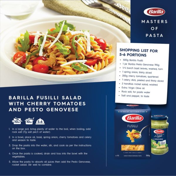 Barilla Fusilli Salad with Cherry Tomatoes and Pesto Genovese Sauce Italian Food Pasta Recipe