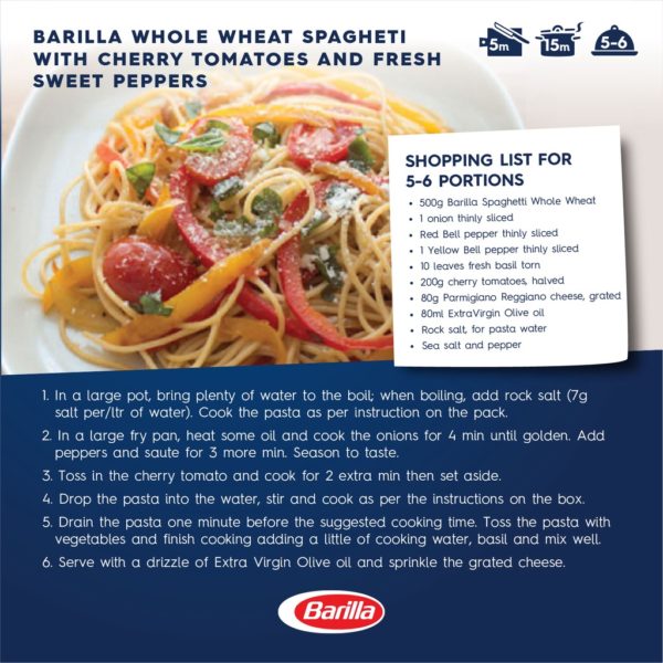 Barilla Whole Wheat Spaghetti with Cherry Tomatoes and Fresh Sweet Peppers Italian Food Pasta Recipe