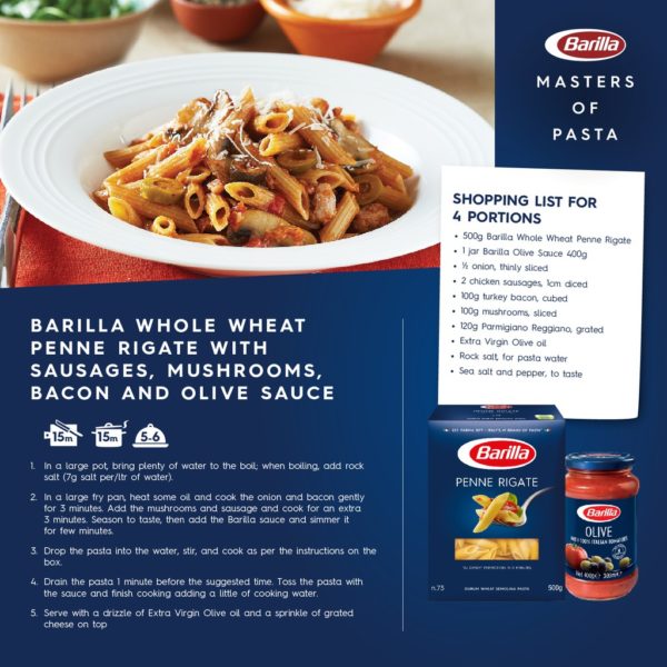 Barilla WHole Wheaet Penne Rigate with Sausages Mushrooms Bacon and Olive Sauce Italian Food Pasta Recipe