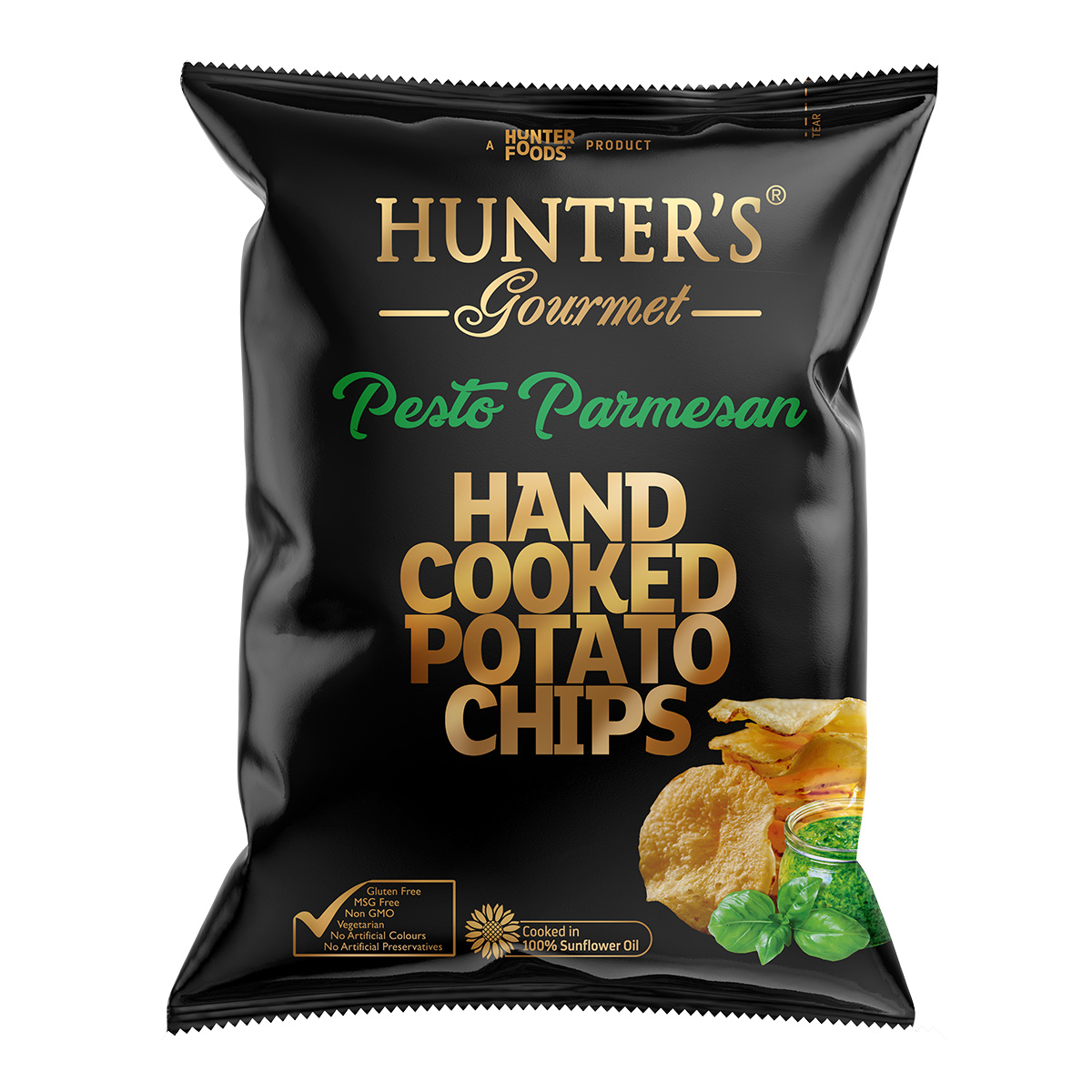 Hunter’s Gourmet Hand Cooked Potato Chips – Pesto Parmesan 125g