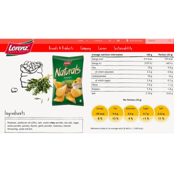 Lorenz Naturals potato chips rosemary nutrition information