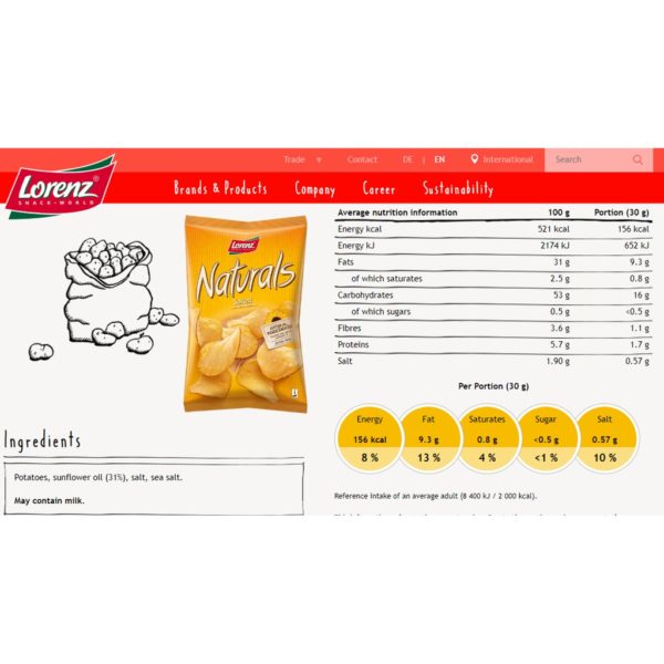 Lorenz Naturals potato chips salted nutrition information