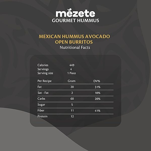 mezete mexican hummus avocado open burritos recipe nutritional facts