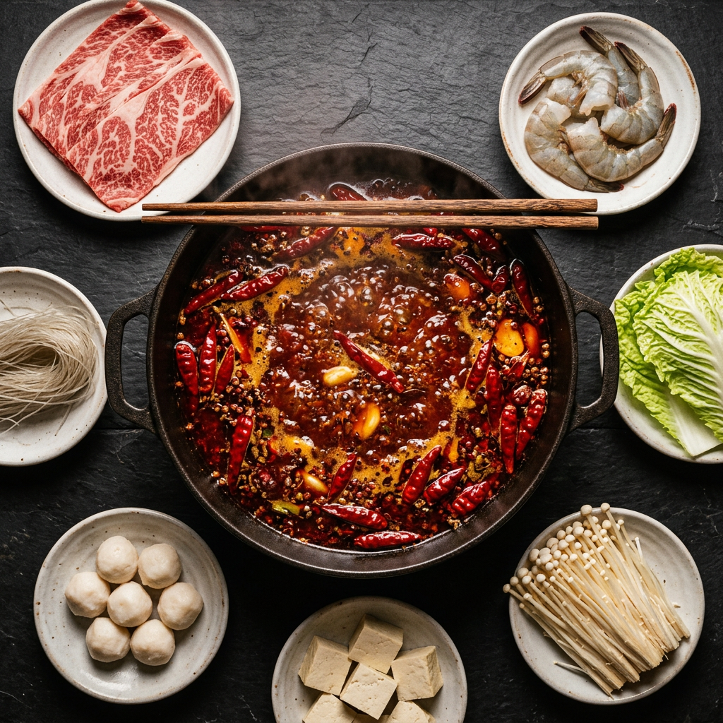 Mala hotpot with raw ingredients spread around a bubbling red broth pot
