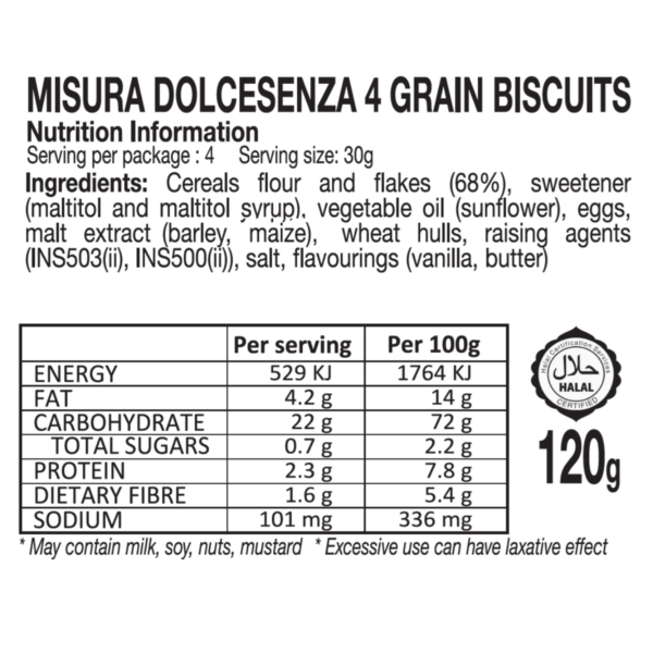 misura dolcesenza 120g 4 grain biscuits no added sugars nutrition information