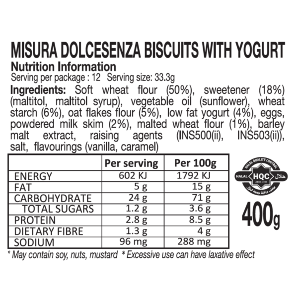 misura dolcesenza biscuits with yogurt 400g no added sugars nutrition Information