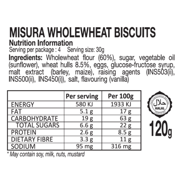 misura fibrextra whole wheat biscuits 120g nutrition information