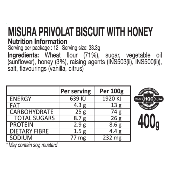 misura privolat milk and egg free biscuits with honey 400g nutrition information