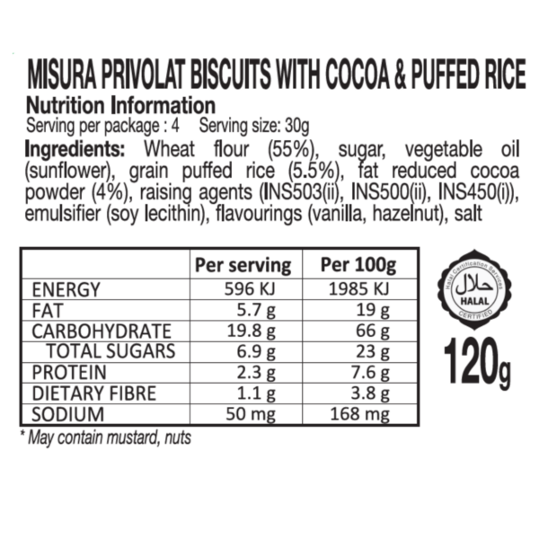 misura privolat egg and milk free biscuits with cocoa and puffed rice 120g nutrition information