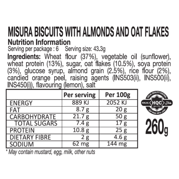 misura protein biscuits with almonds and oat flakes 250g nutrition information