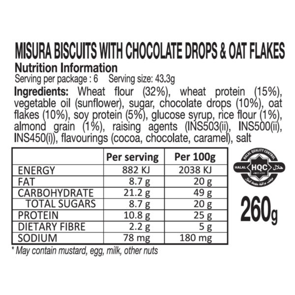 misura protein biscuits with chocolate drops and oat flakes 260g nutrition information