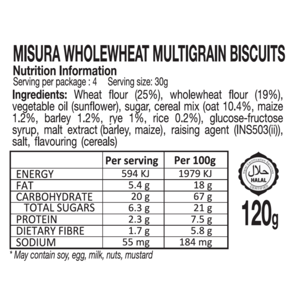 misura multigrain whole wheat biscuits with cereals 120g nutrition information