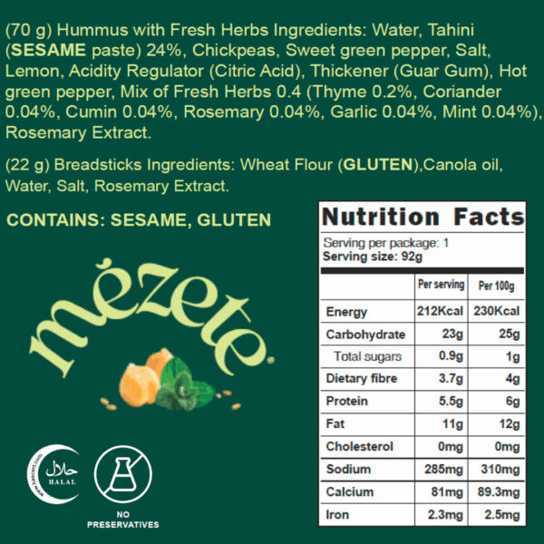 mezete Hummus To Go Zesty Za'atar/Fresh Herbs with Breadsticks (92g) - Image 2