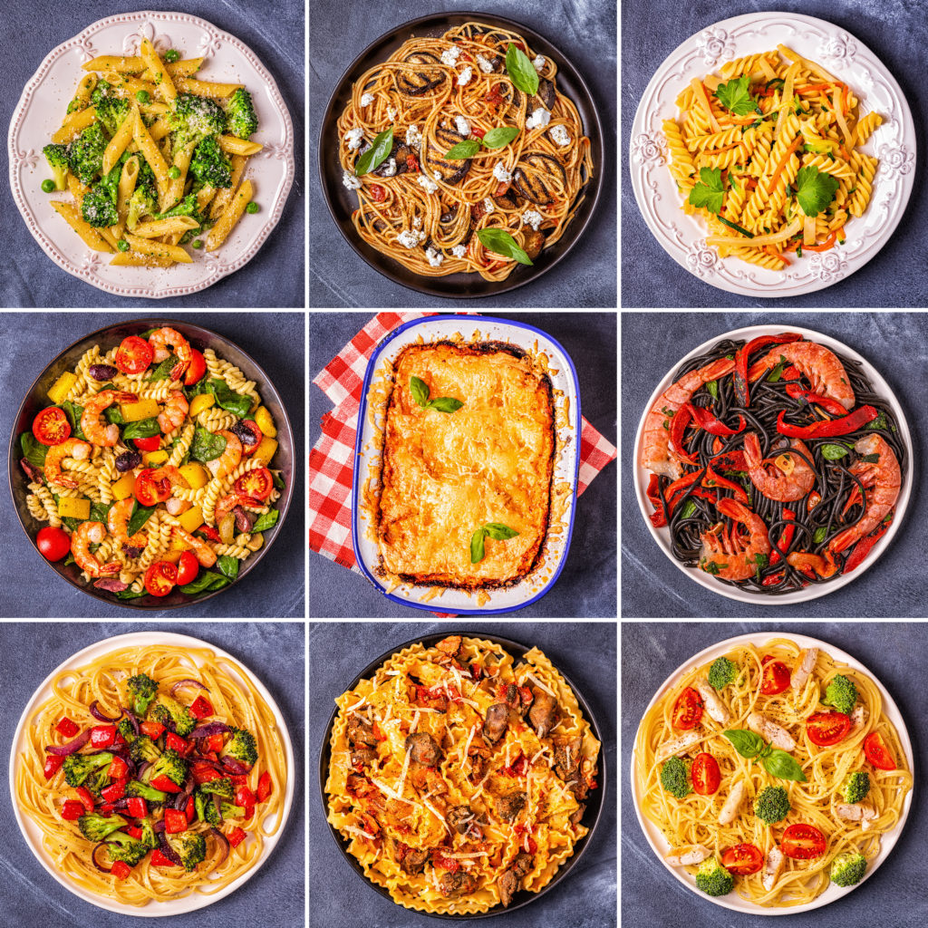 Collage of various pasta dishes, top view. Pasta recipes.